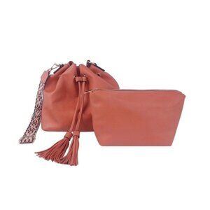 2 in 1 bucket bag with pouch, guitar strap, orange, vegan leather, free shipping